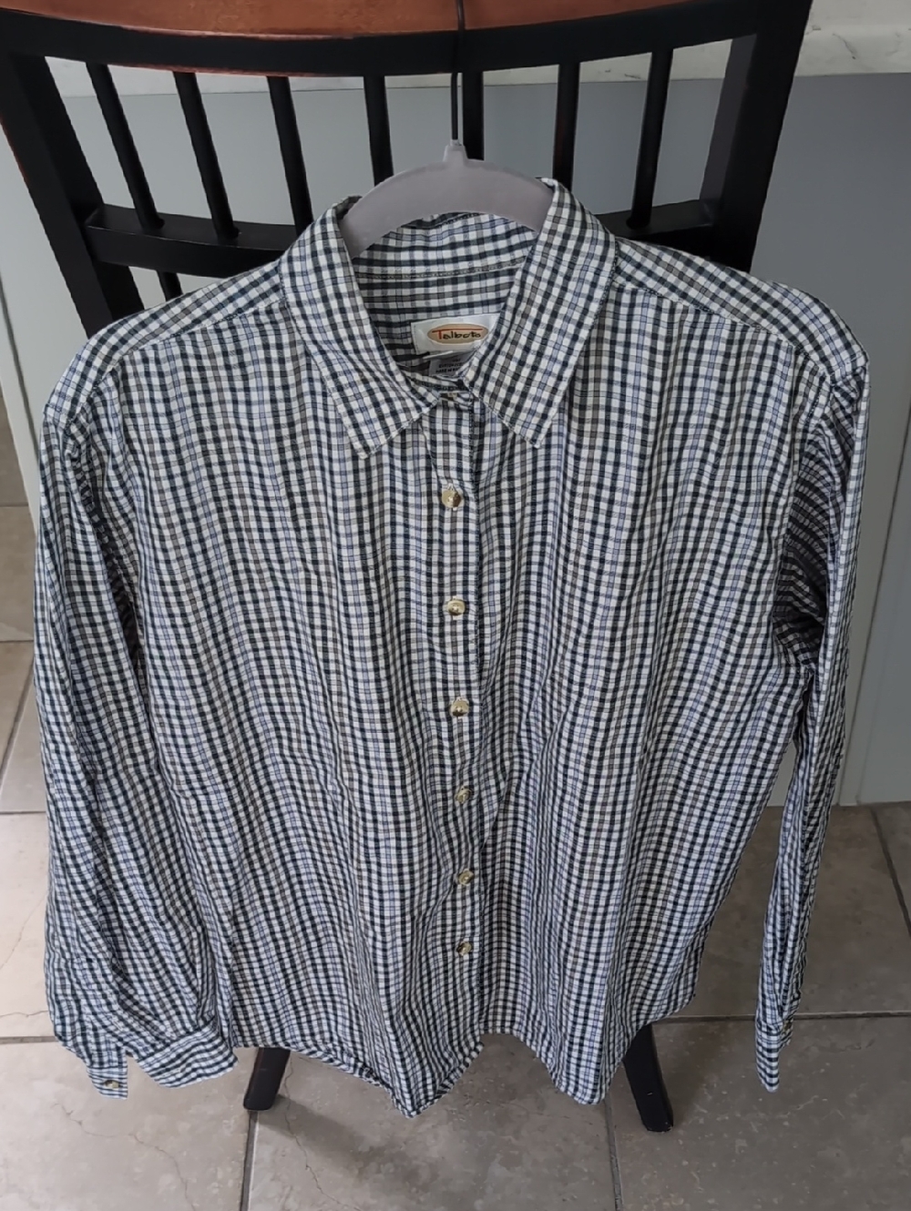 Talbots Men's Navy and White Check Long-Sleeve Button-Down Shirt